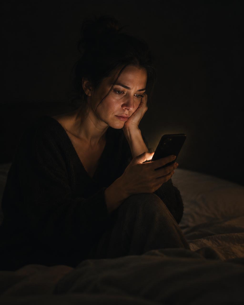 Persona mirando el móvil con preocupación a la luz de una vela